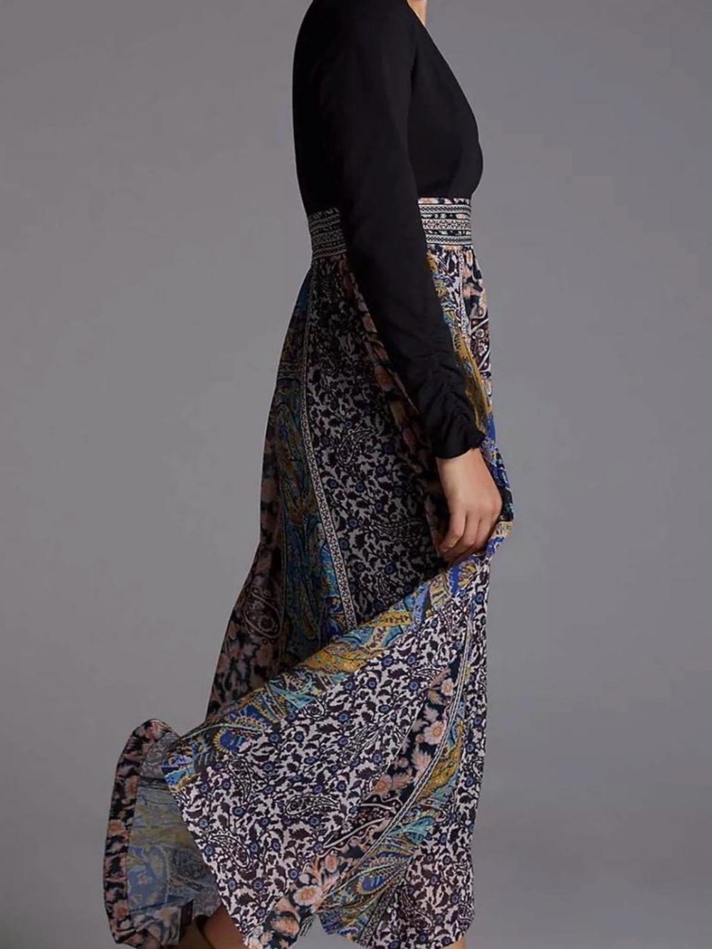 Anthropologie Black Bodice Paisley-Print Long Sleeve Boho Midi Dress - Picture 3 of 13